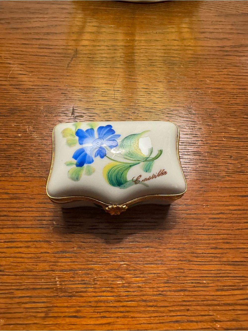 Imperial Porcelain Hand-Painted Floral Trinket Box in Blue, Green, Gold
